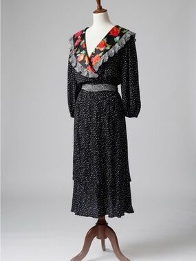 Susan Freis Dress VTG Floral Sailor Collar Cottagecore Ruffle Bright Medium FLAW